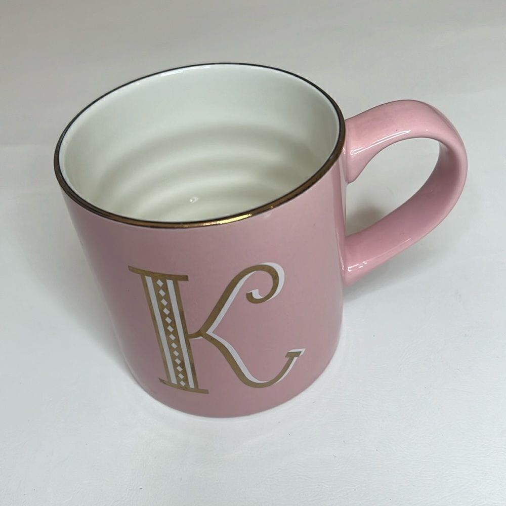 Opalhouse Letter K Stoneware Mug Pink White Gold Trimmed 2 Cups Coffee Tea Mug